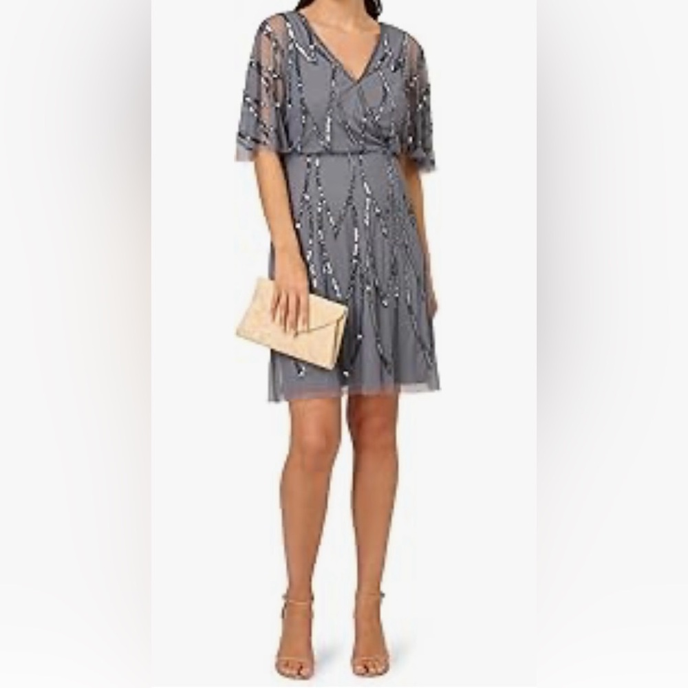 Embellish Bead Mesh Wrap Dress Adrianna Papell Dusty Blue Women’s Size 10 NWT - Picture 16 of 16